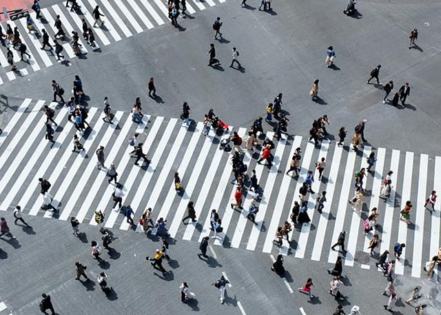 Street intersection with many people